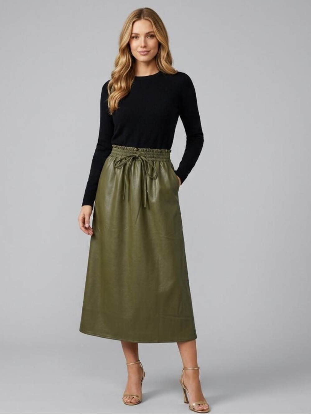NWT Tuckernuck CeCe Olive Faux Leather A-Line Midi Skirt S Pockets